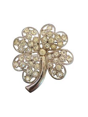 Four-Leaf Clover Rhinestone Brooch Pin Gold-Tone Metal Sparkling Clear Crystals